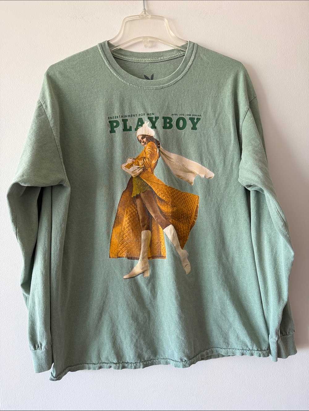 Playboy April 1970 Cover Long Sleeve Shirt Sage Green Pamela Nystul Size M